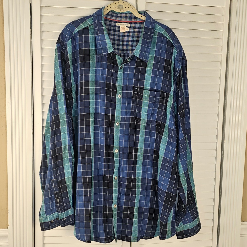 Carbon2Cobalt‎ Mens Blue Green Plaid Long Sleeve Button Down Shirt XXL